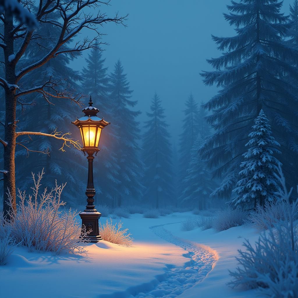 Ornate Lamp Illuminates Snowy Forest Clearing
