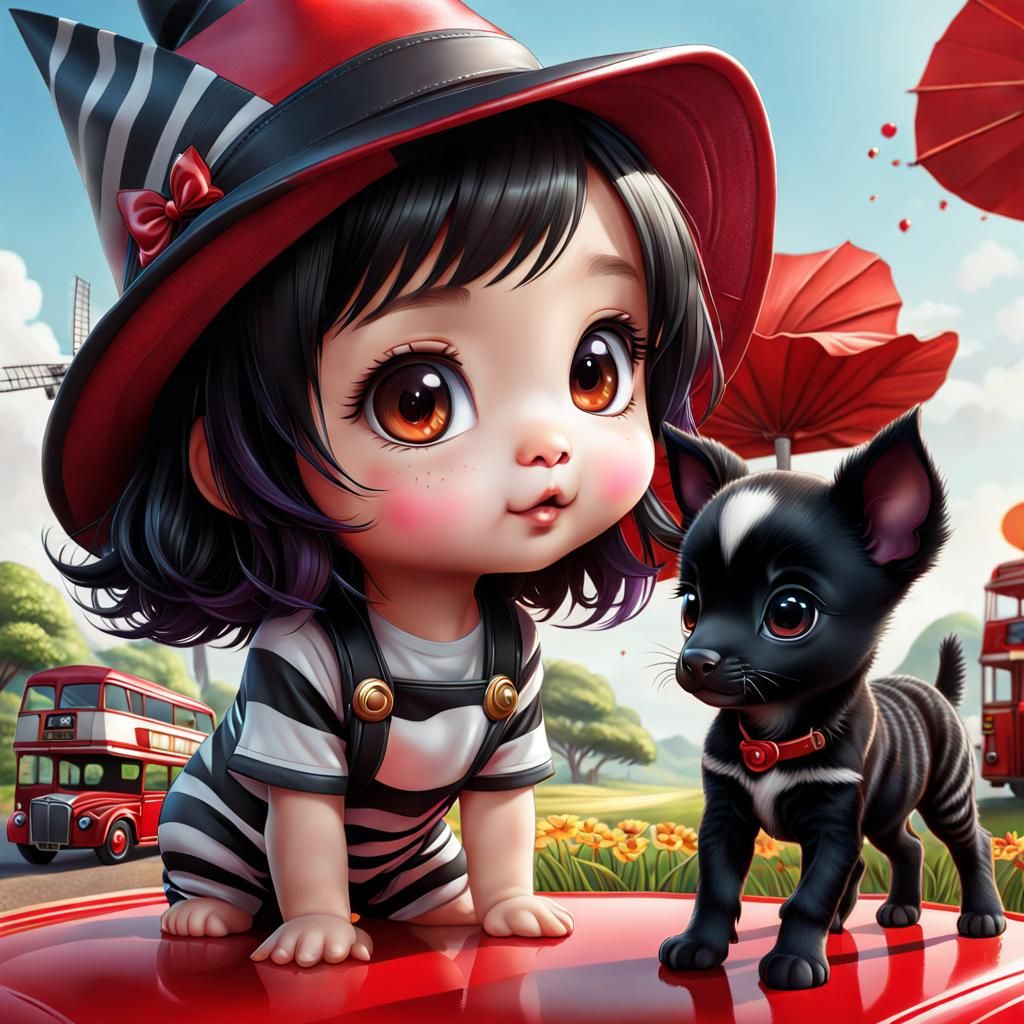 Cute Chibi Witch and Zebra Foal on Colorful Background