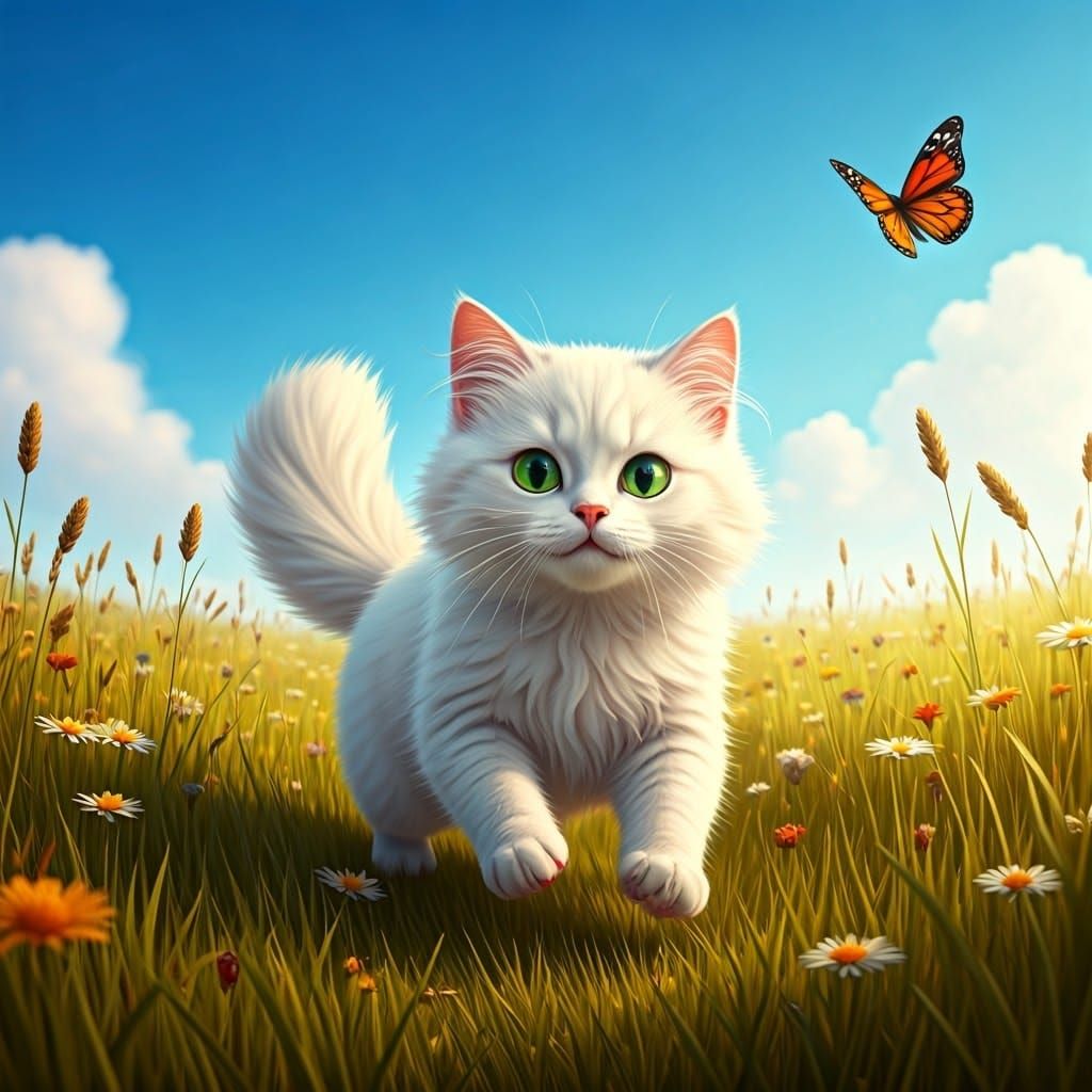Whimsical Summer Meadow Scene with Fluffy Cat and Butterfly