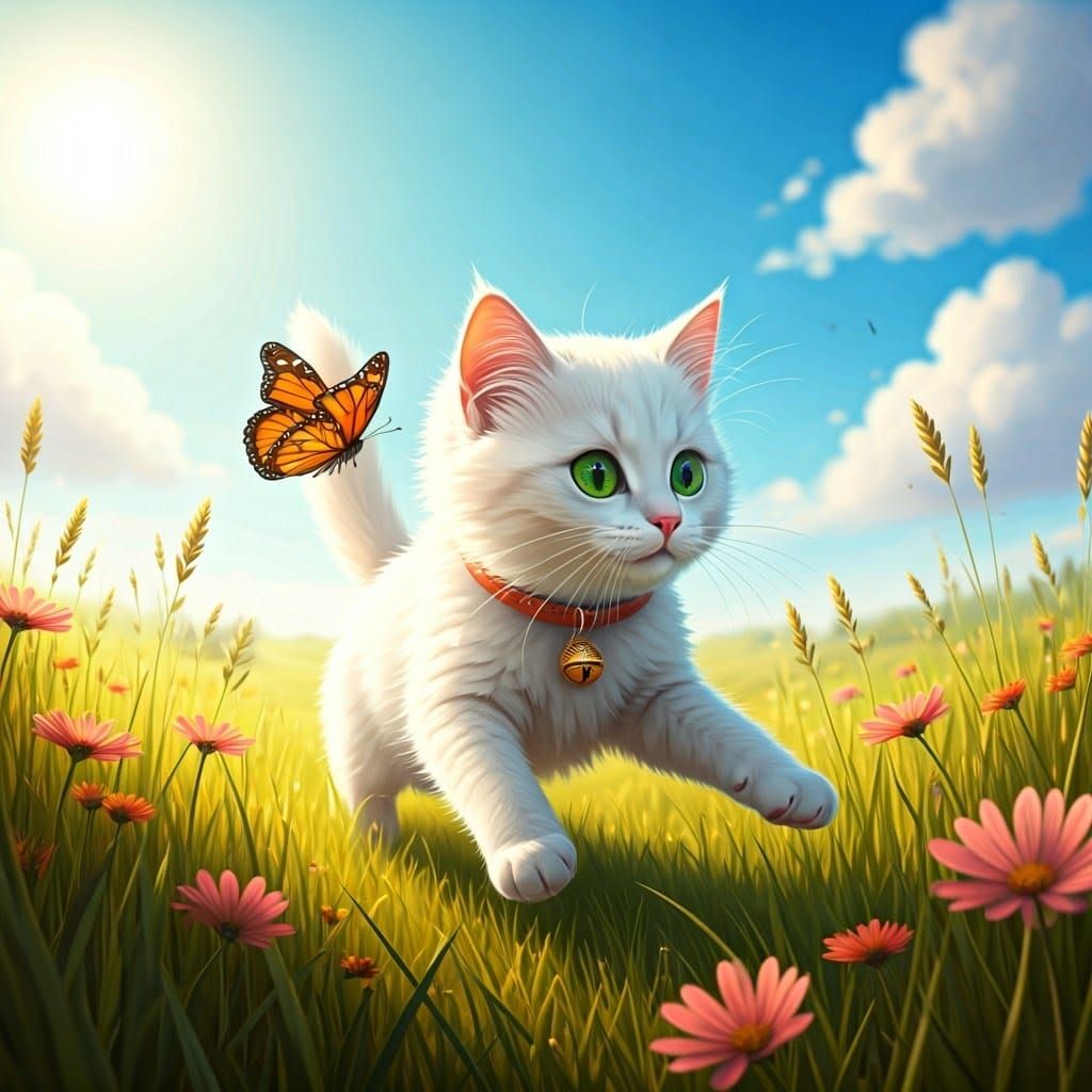 Whimsical Summer Cat Chases Vibrant Butterfly