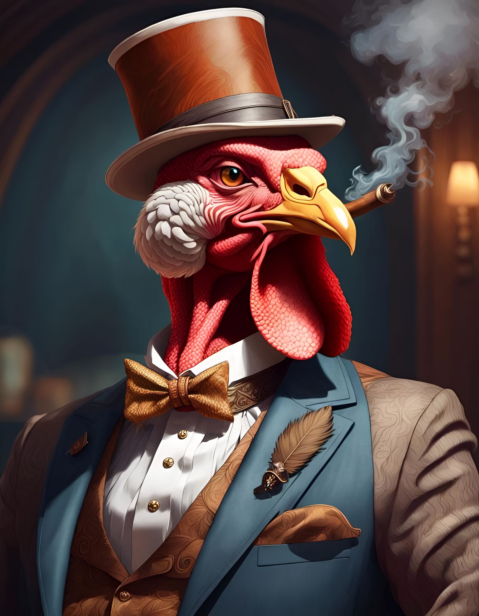 Anthropomorphic Turkey Smoking Cigar, Detailed Digital Art