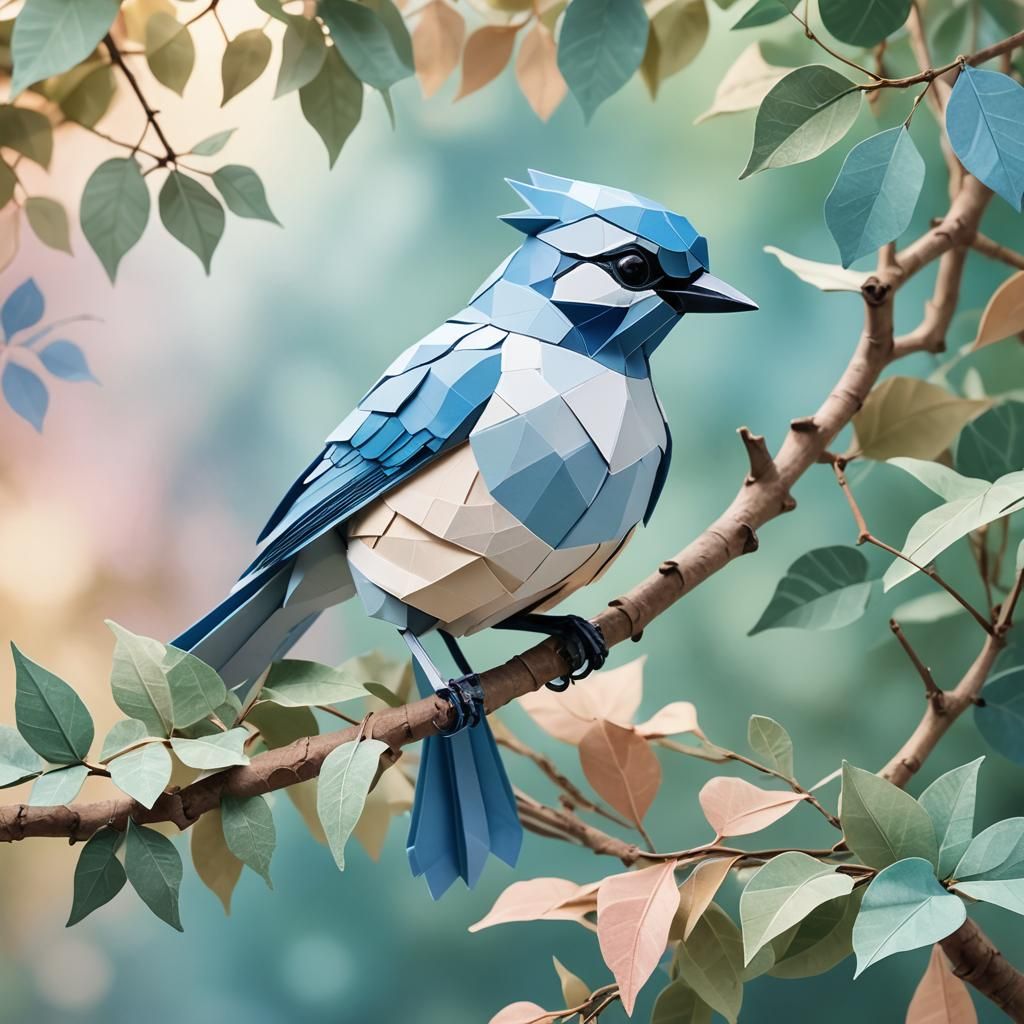 Bluejay on Branch in Origami Papercraft Style