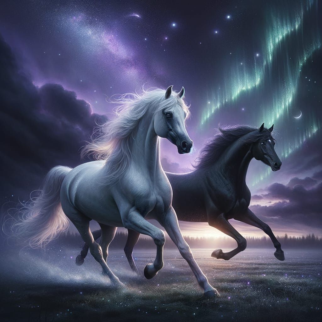 Two Arabian Horses Gallop Under Starry Twilight Sky