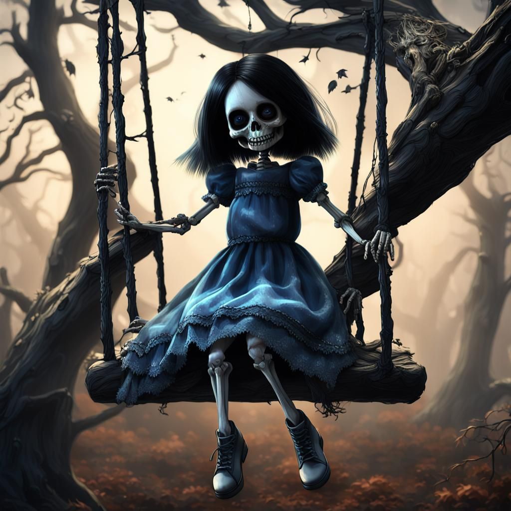 Creepy Skeletal Girl on a Swing