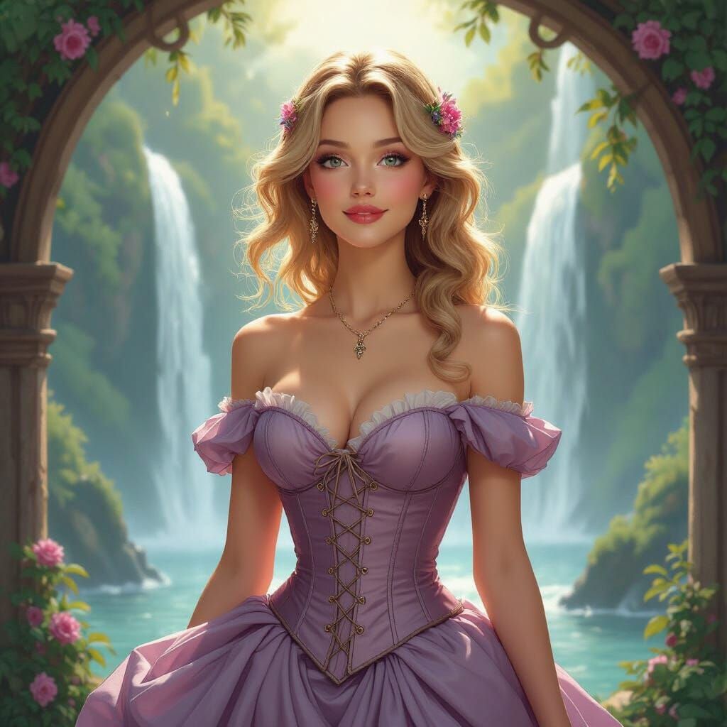 Elegant Blonde Woman at Waterfall in Art Nouveau Style