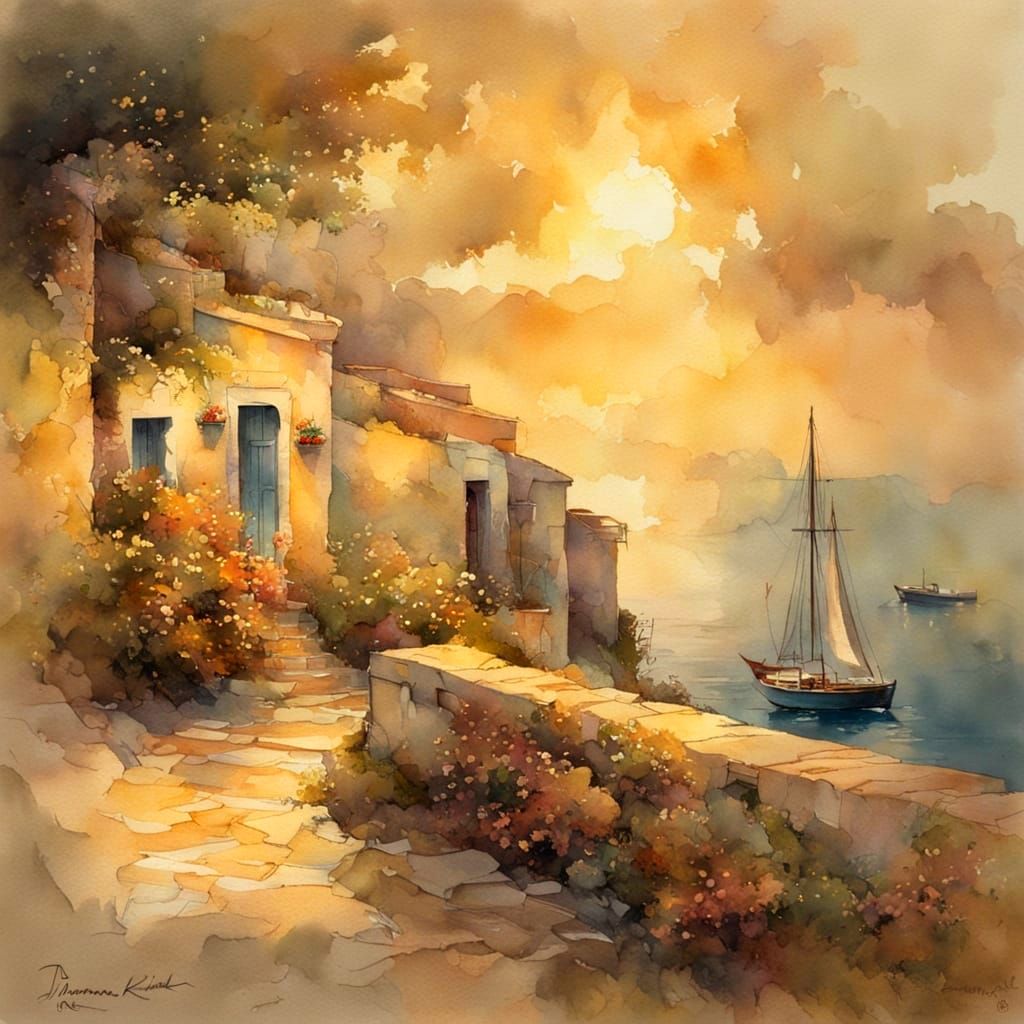 Golden Greece Scene with Delicate Details and Vintage Glow