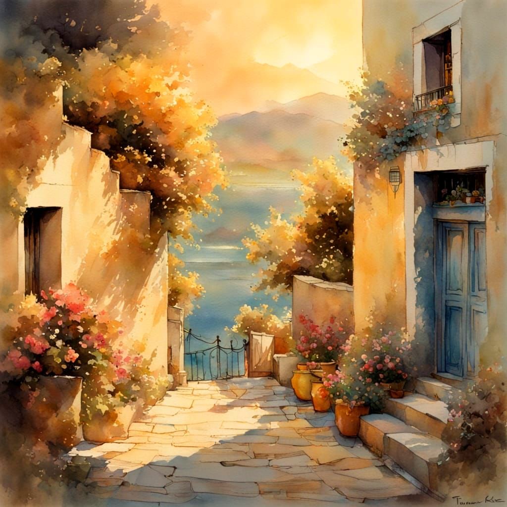 Idyllic Greek Village Scene in Warm Pastel Hues