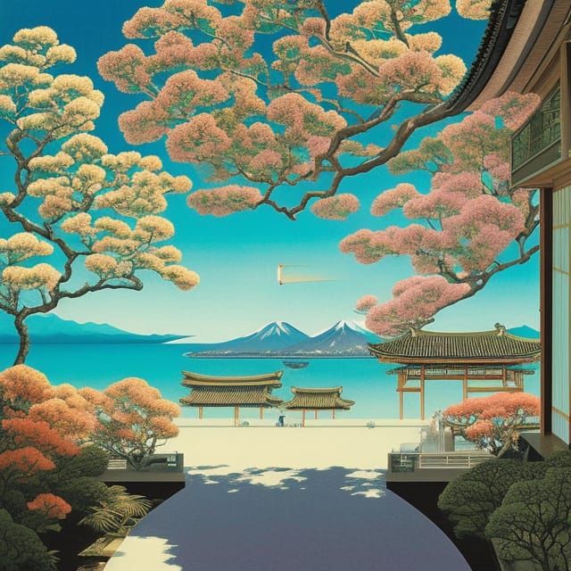 Surreal Coastal Japanese Town Entryway, Detailed Artwork