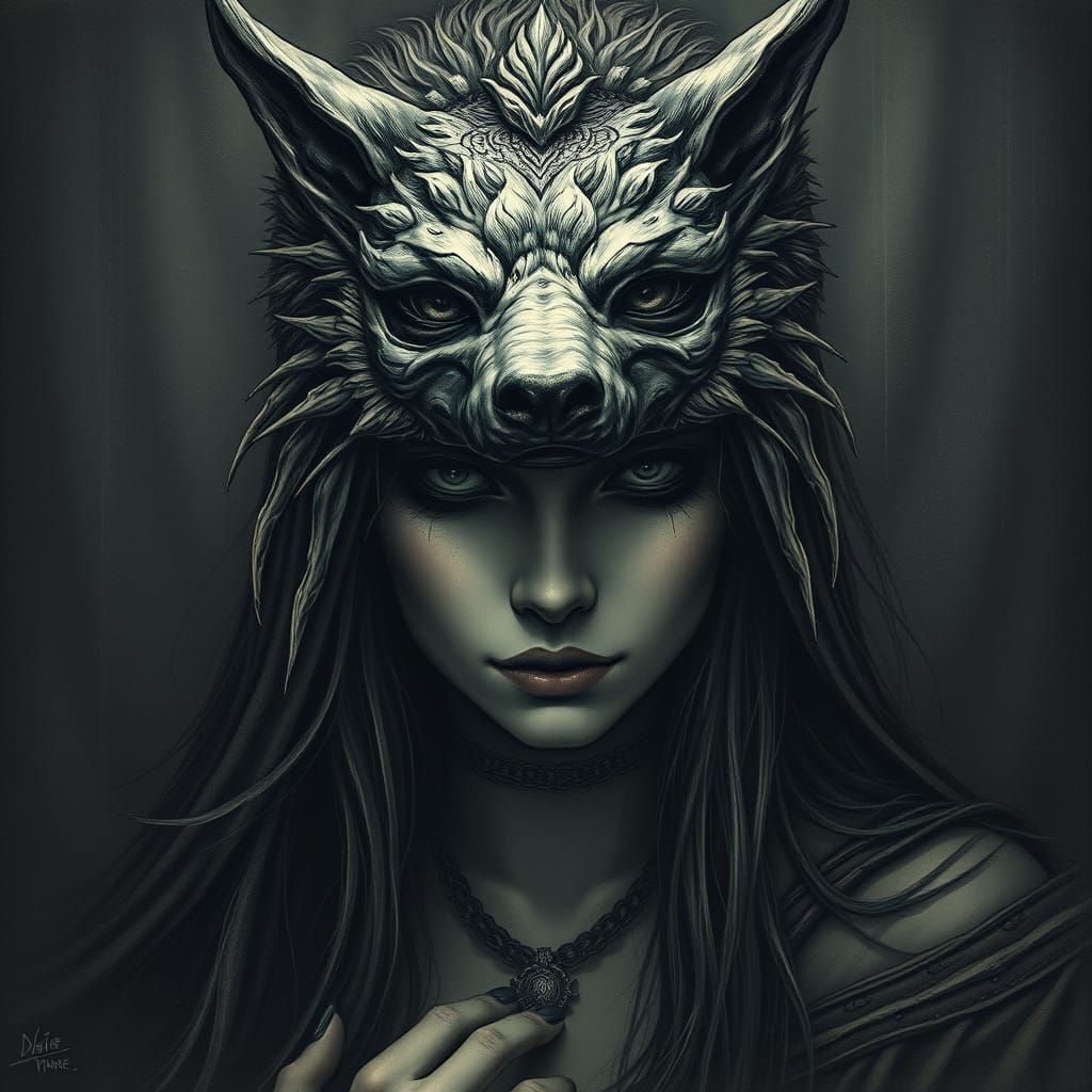 Mysterious Shaman Wolf Goddess in Dark Fantasy Style