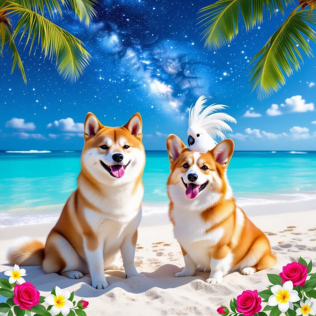 Dogs and Cockatoo Under Starry Beach Sky