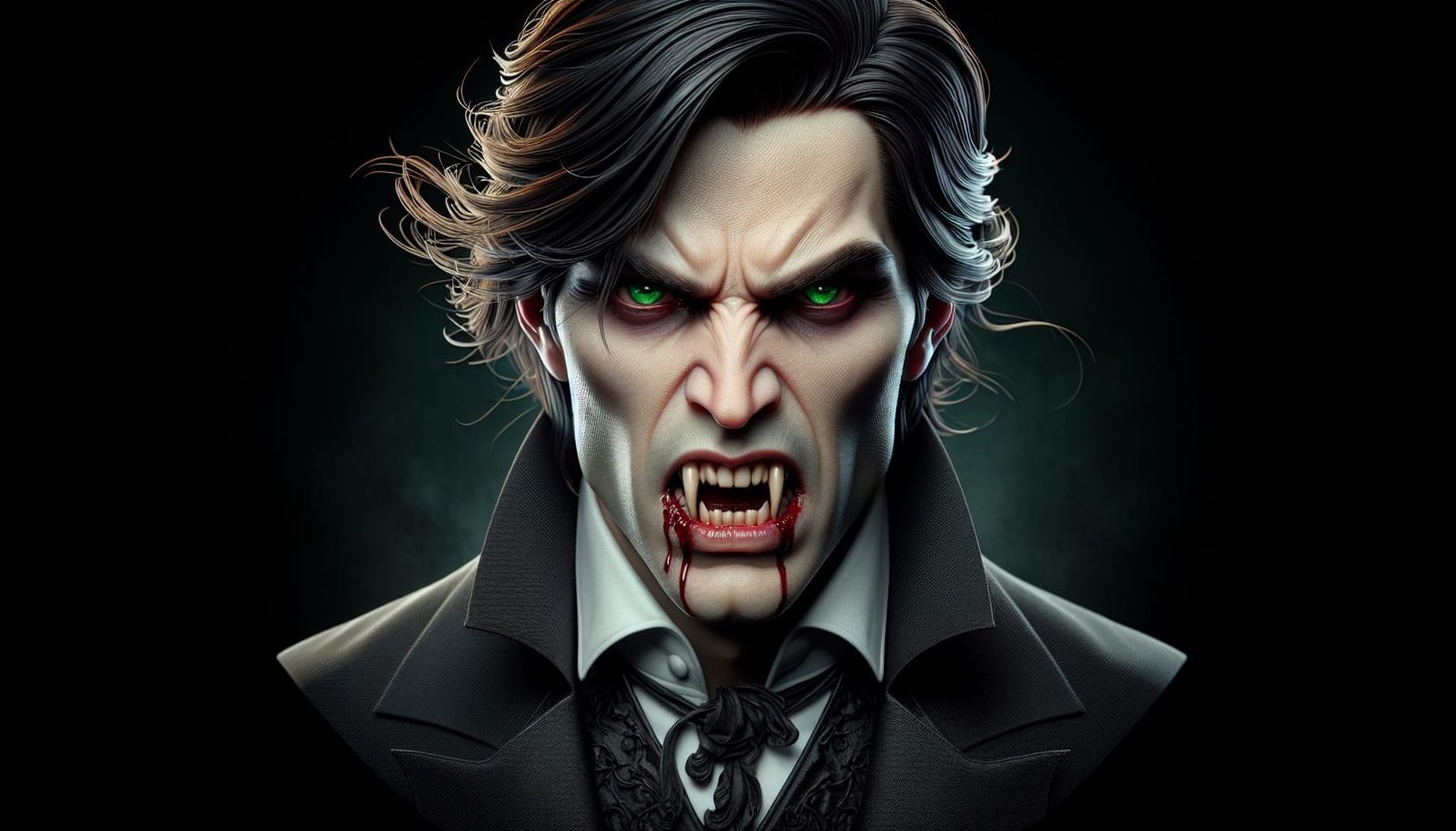Sinister Vampire Portrait with Emerald Eyes in Gothic Style