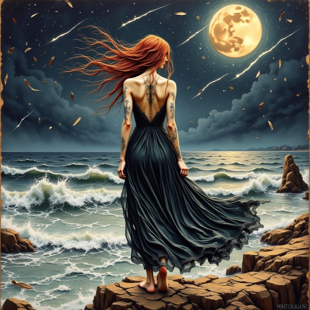 Red-Haired Druid Howling at Moon, Detailed Matte Painting
