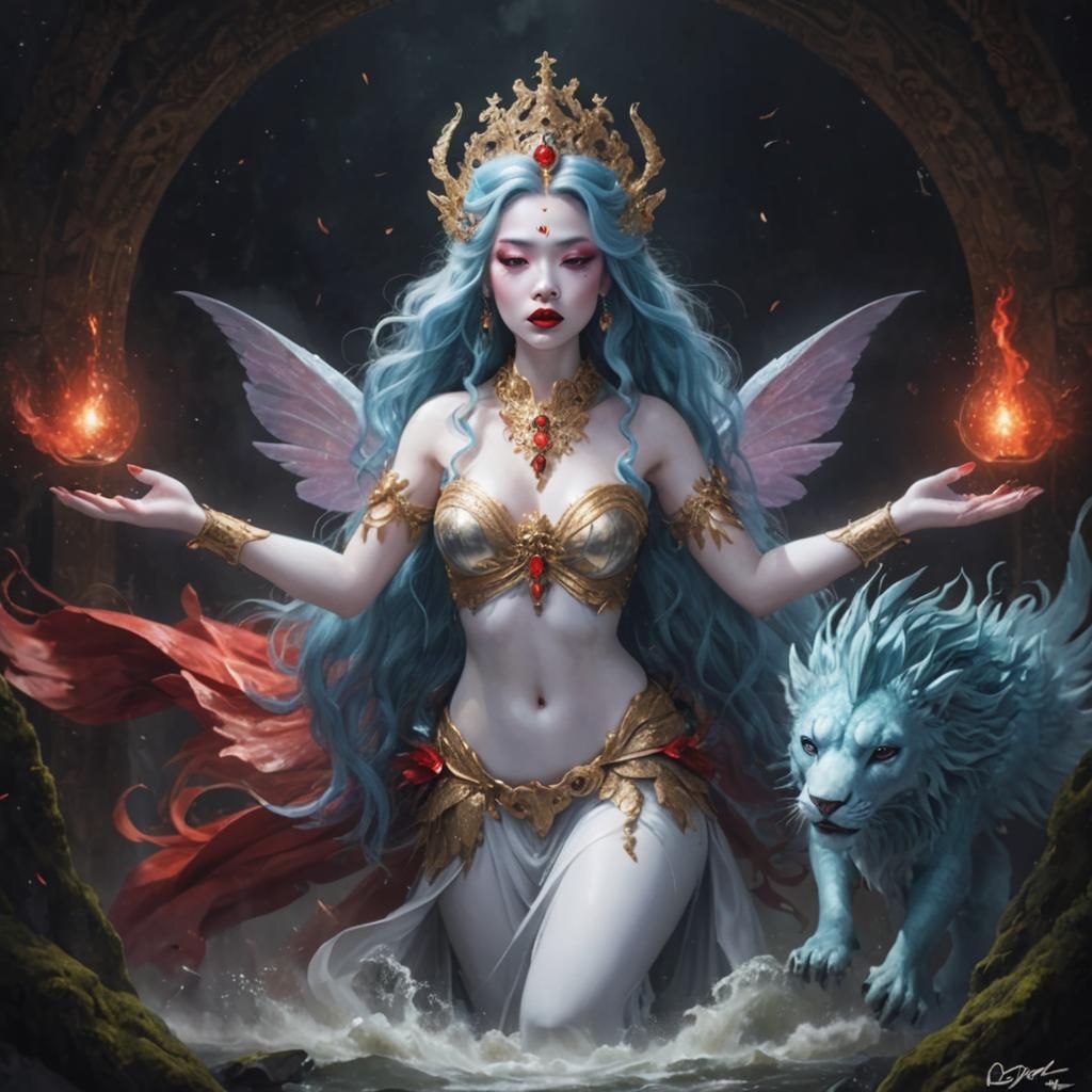 Goddess Portrait with Red Lips and Windy Hair