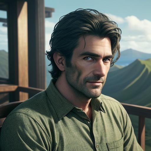 Virile Man with Green Eyes in Hawaii Shirt