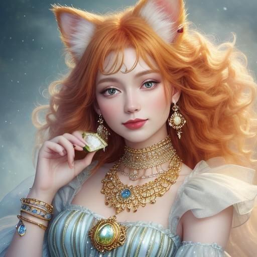 Anthropomorphic Cat Walks Upright with Jewelry, Fantasy Styl...