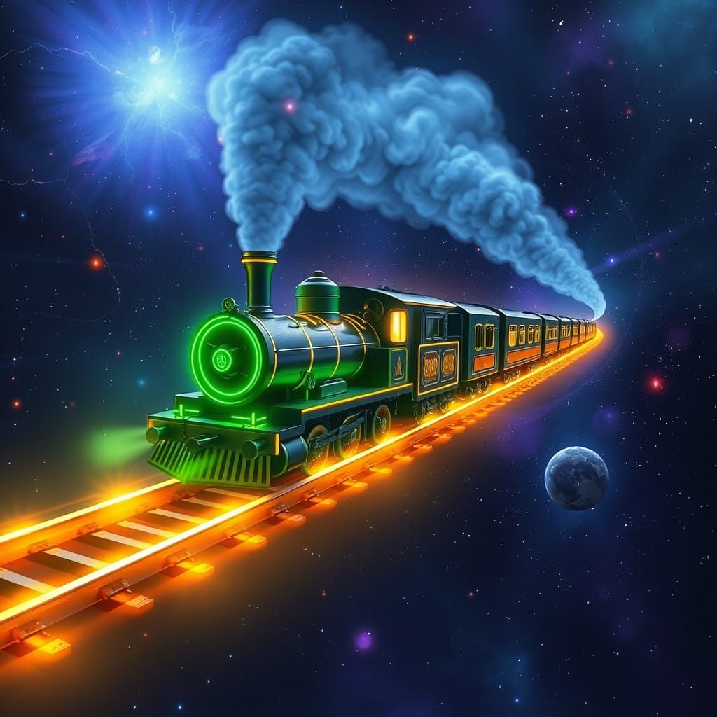 Surreal Cosmic Train Chugs Along Energy Rails in Space
