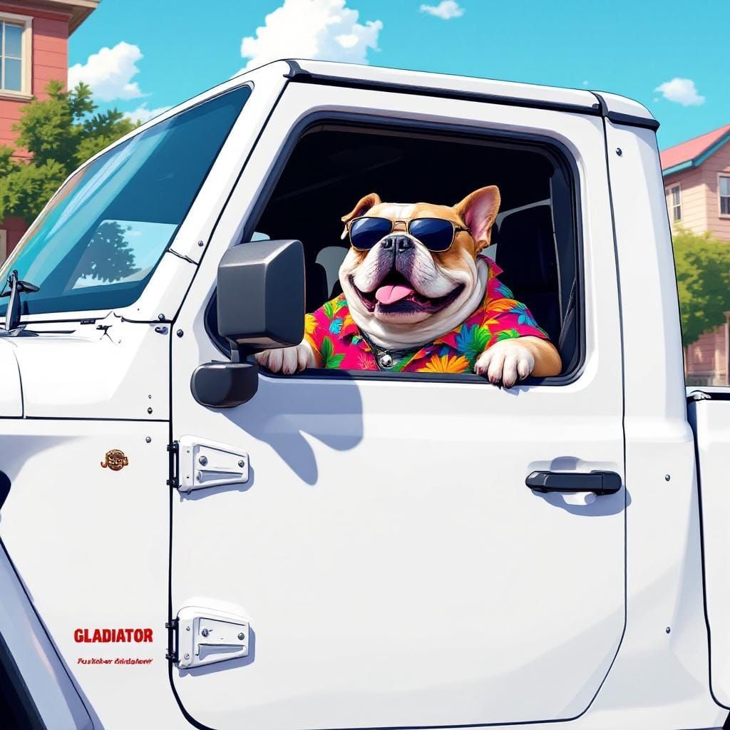 Bulldog Drives Jeep Gladiator in Sunny Suburbia