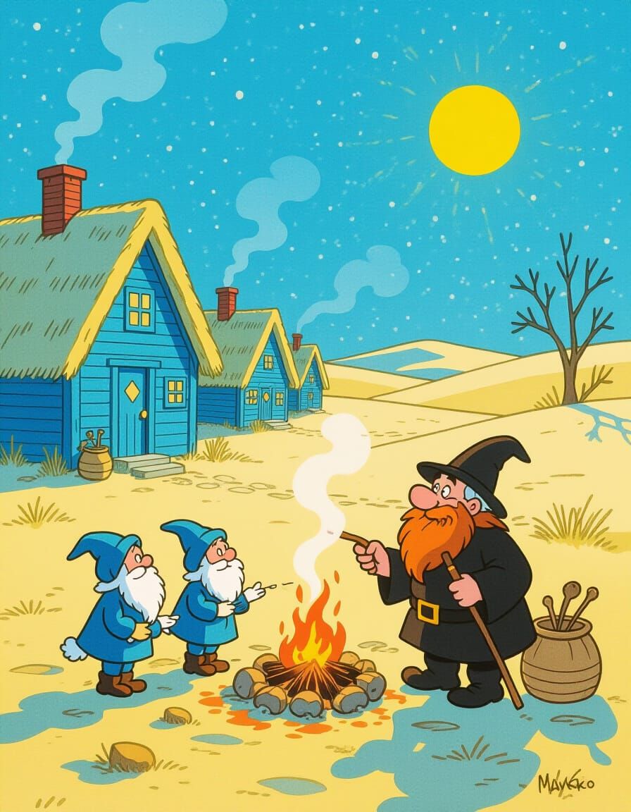 Surreal Desert Sunrise with Smurf Houses and Fairy Tale Elem...