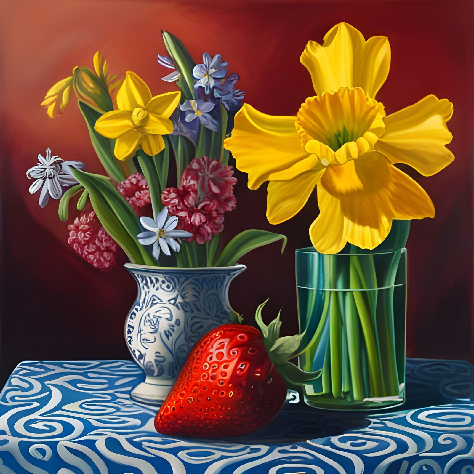 Still Life with Strawberry, Daffodil and Hyacinth