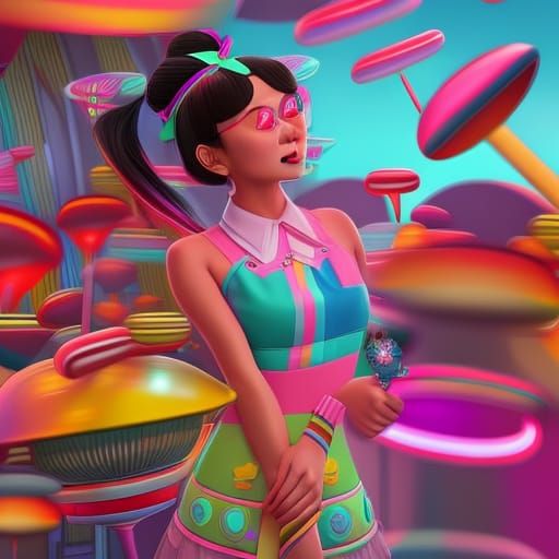 Hipster Asian Woman in Playful Candy Art Style
