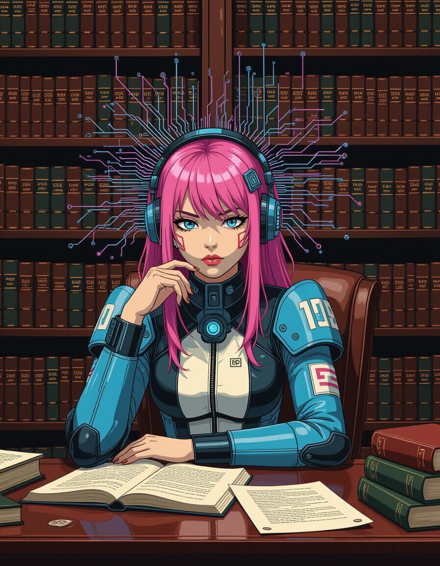 Cyberpunk Girl in Old Library with Emerging Thoughts