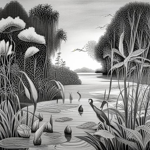 Monochrome Lake with Waterlilies and Egrets