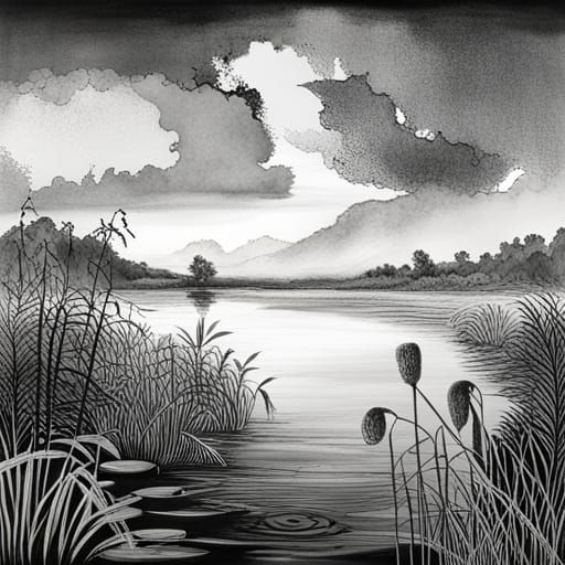 Monochrome Lake Scene with Egrets in Ink Wash Style