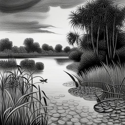 Monochrome Lake Scene with Waterlilies and Egrets