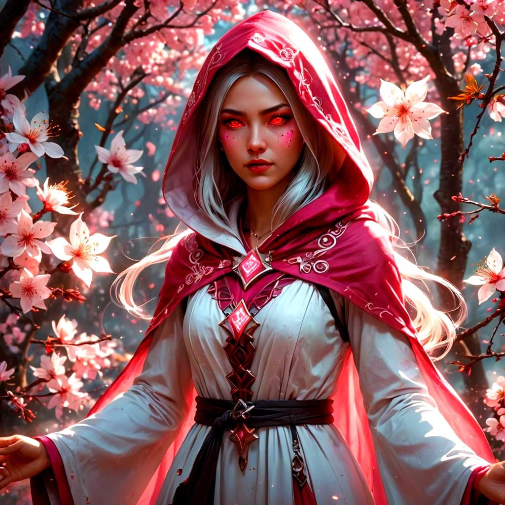 Beautiful Sorceress Casting Cherry Blossom Spell