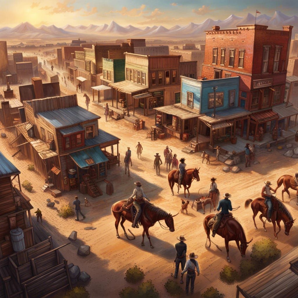 Old West Town Aerial View, Hyperrealistic Digital Art