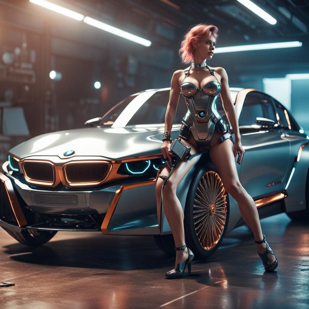 Futuristic Electric BMW and Pin-Up Girl in Sci-Fi Style