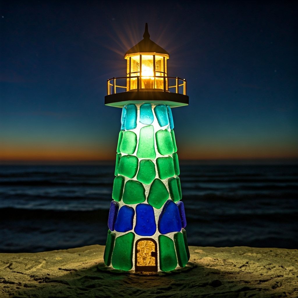 Glowing Emerald and Cobalt Sea Glass Lighthouse