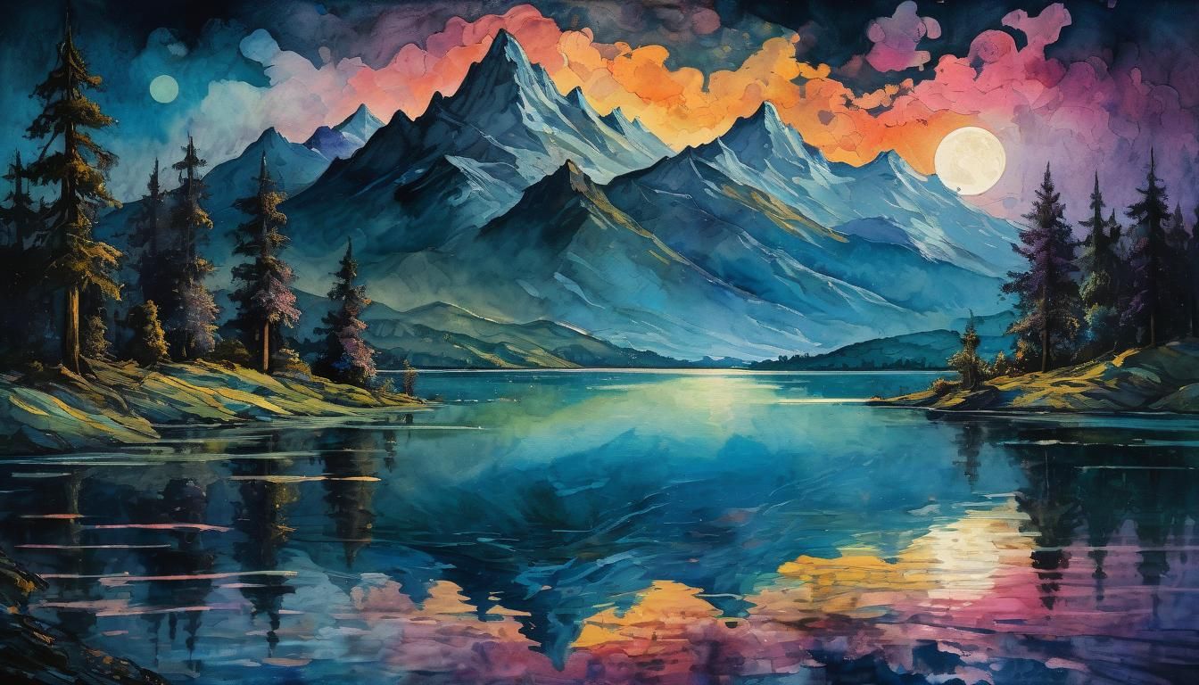 Lake and Moon in Watercolor Chiaroscuro Style