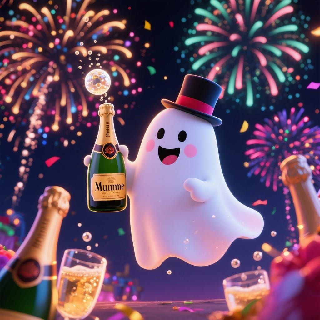 Cute Ghost Mascot Celebrates New Year with Champagne and Fir...