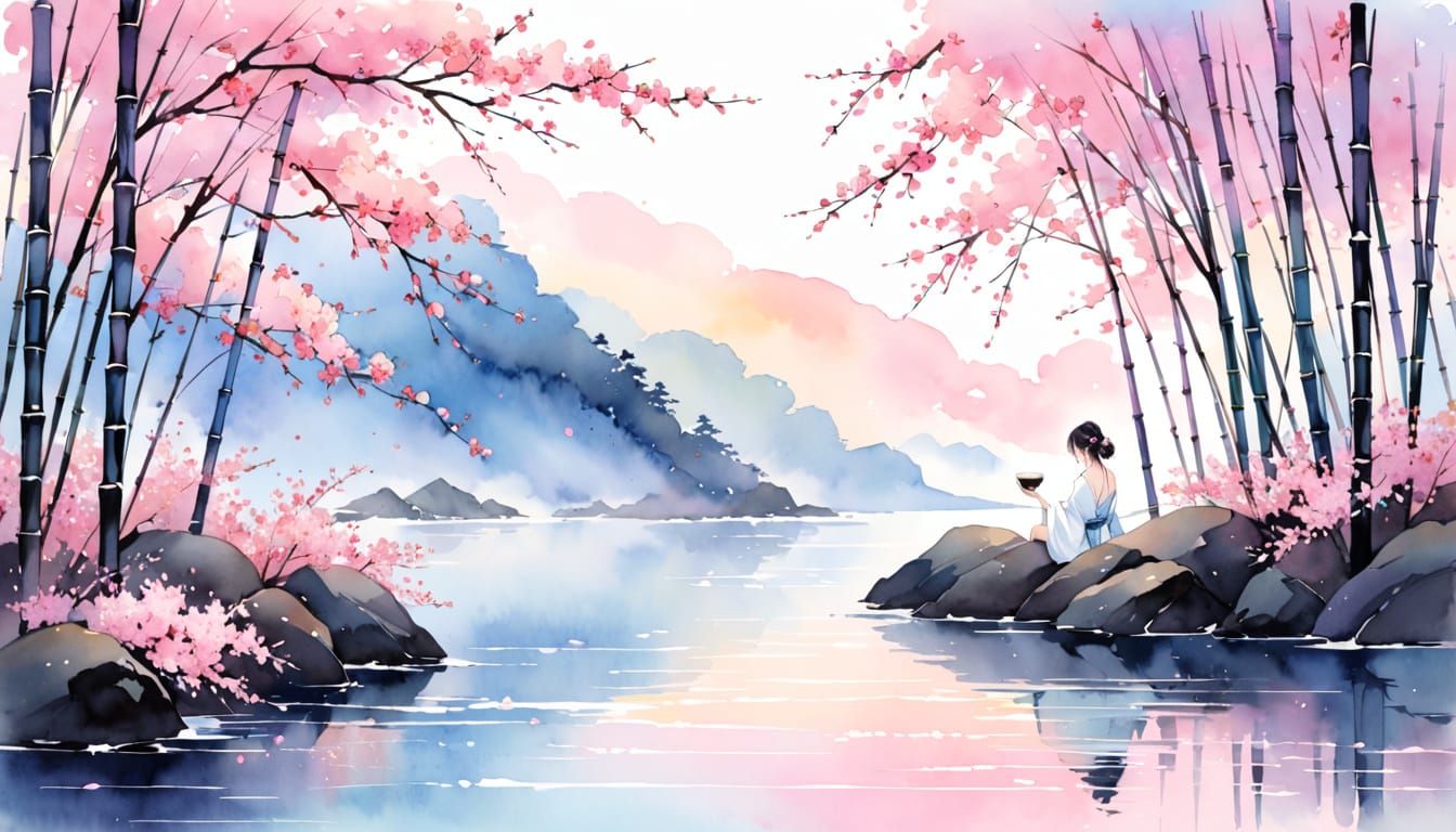 Elegant Sumi-e Woman Bathing in River