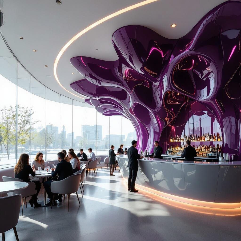 Futuristic Restaurant with Magenta String Walls in Sci-Fi St...