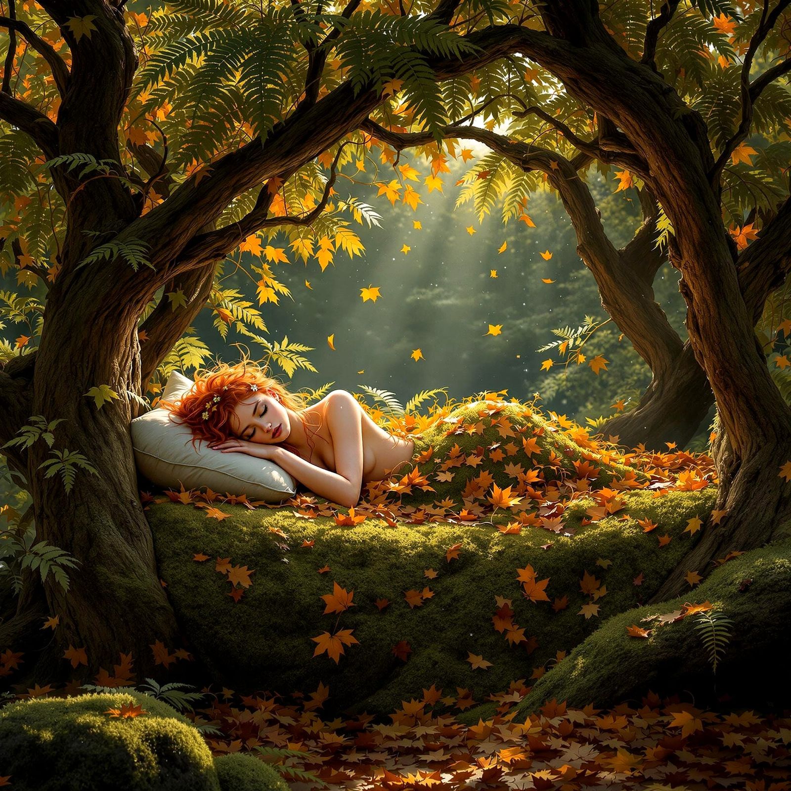 Dryad Slumbers in Enchanted Autumn Forest