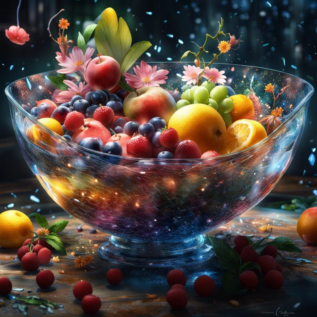Glass Bowl Overflowing with Fruit and Flowers