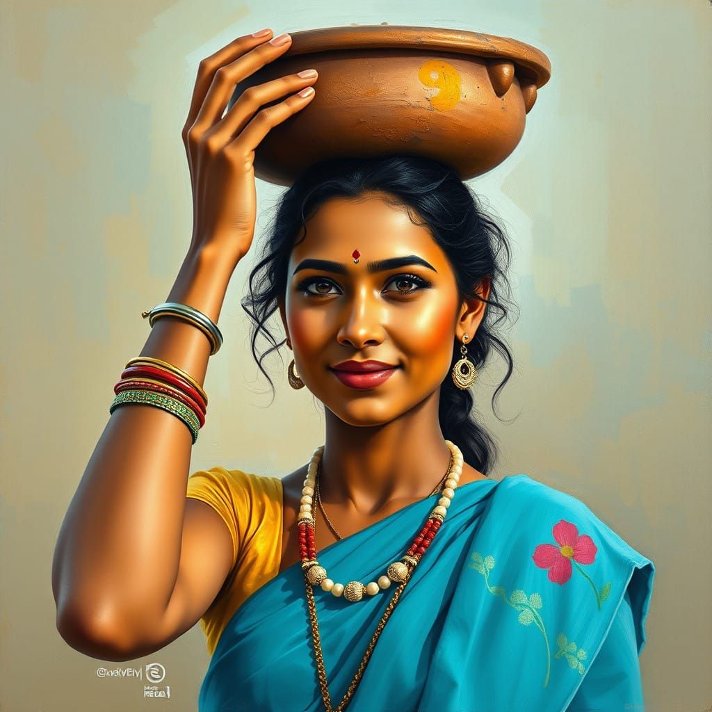 Extreme details. Bold patches of colour. A stunning oil painting capturing an a beautiful young Indian woman. Full size ...