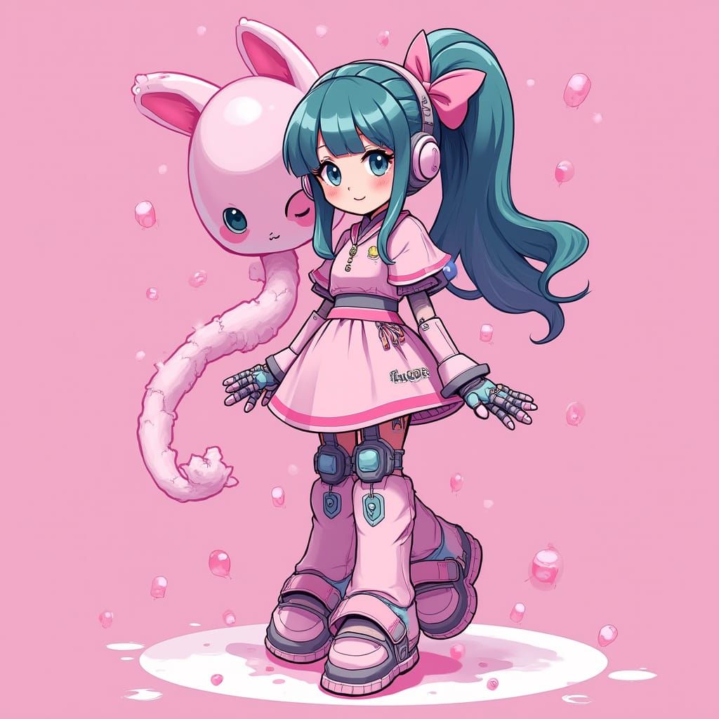 Kawaii Robot Girl in a Pink Digital World