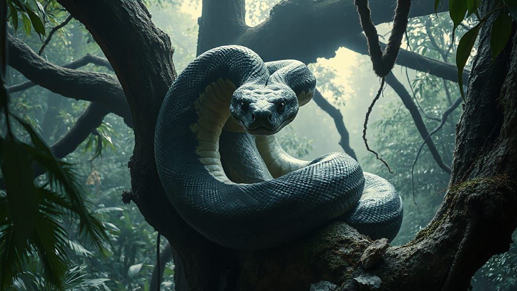 Elegant Giant Python in Mystical Jungle Digital Matte Painti...