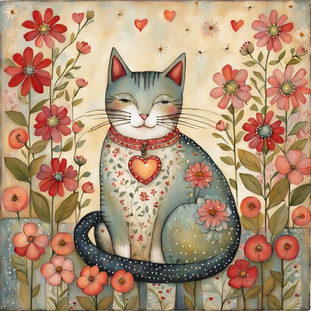 Cute Cat Surrounded by Flowers in Mixed Media Art