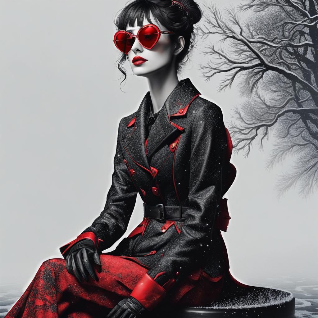 Fractal Girl with Red Wings in Dystopian Snowscape