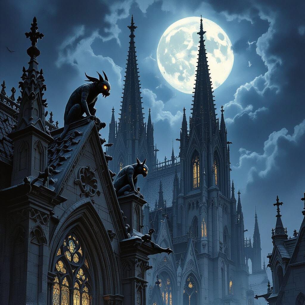 Moonlit Gothic Cathedral with Gargoyles in Surreal Style