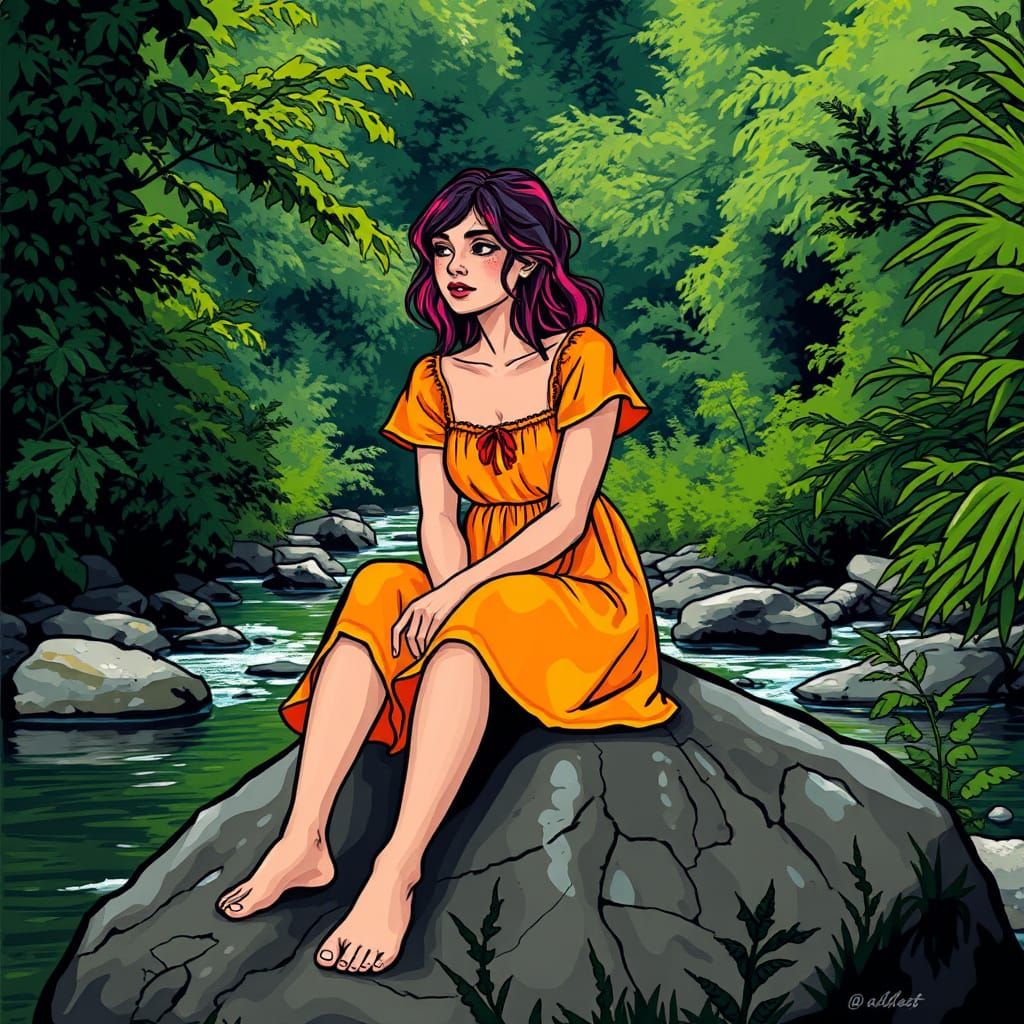 Thoughtful Woman in Graffiti-Inspired Naive Art