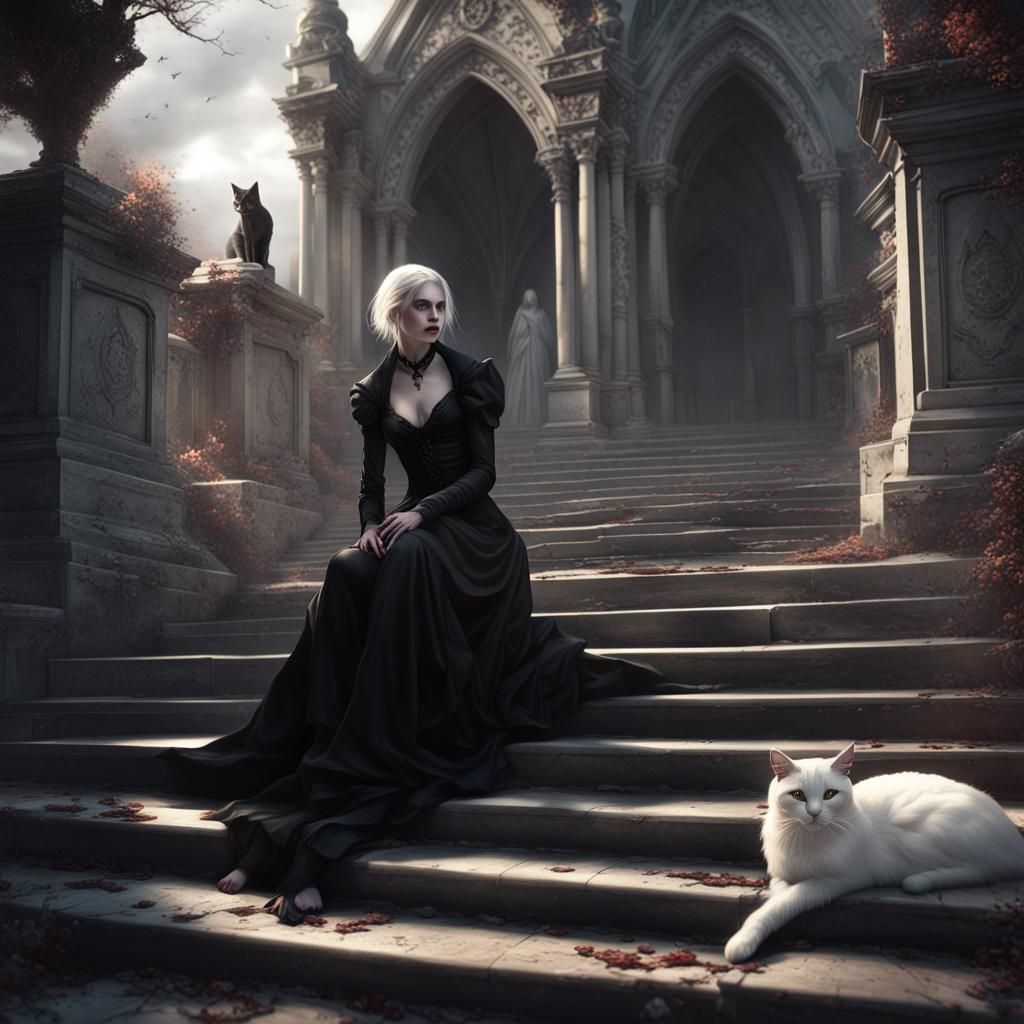Gothic Vampire with White Cat, Dark Fantasy Concept Art