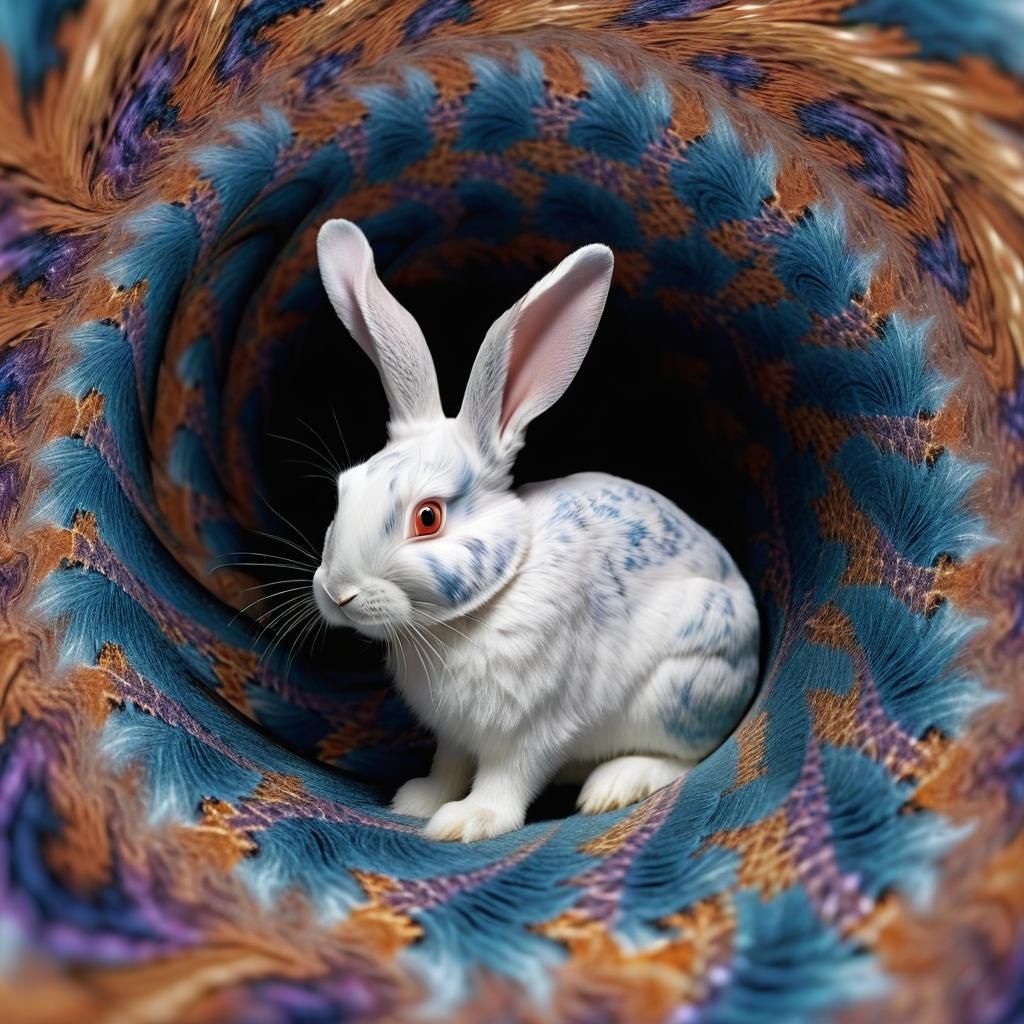 Rabbit Plunges into Fractal Vortex in Surrealist Art