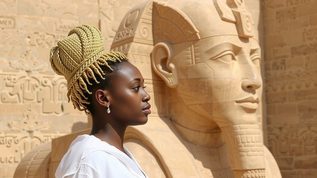 Serene Profile Portrait of Woman and Ancient Statue