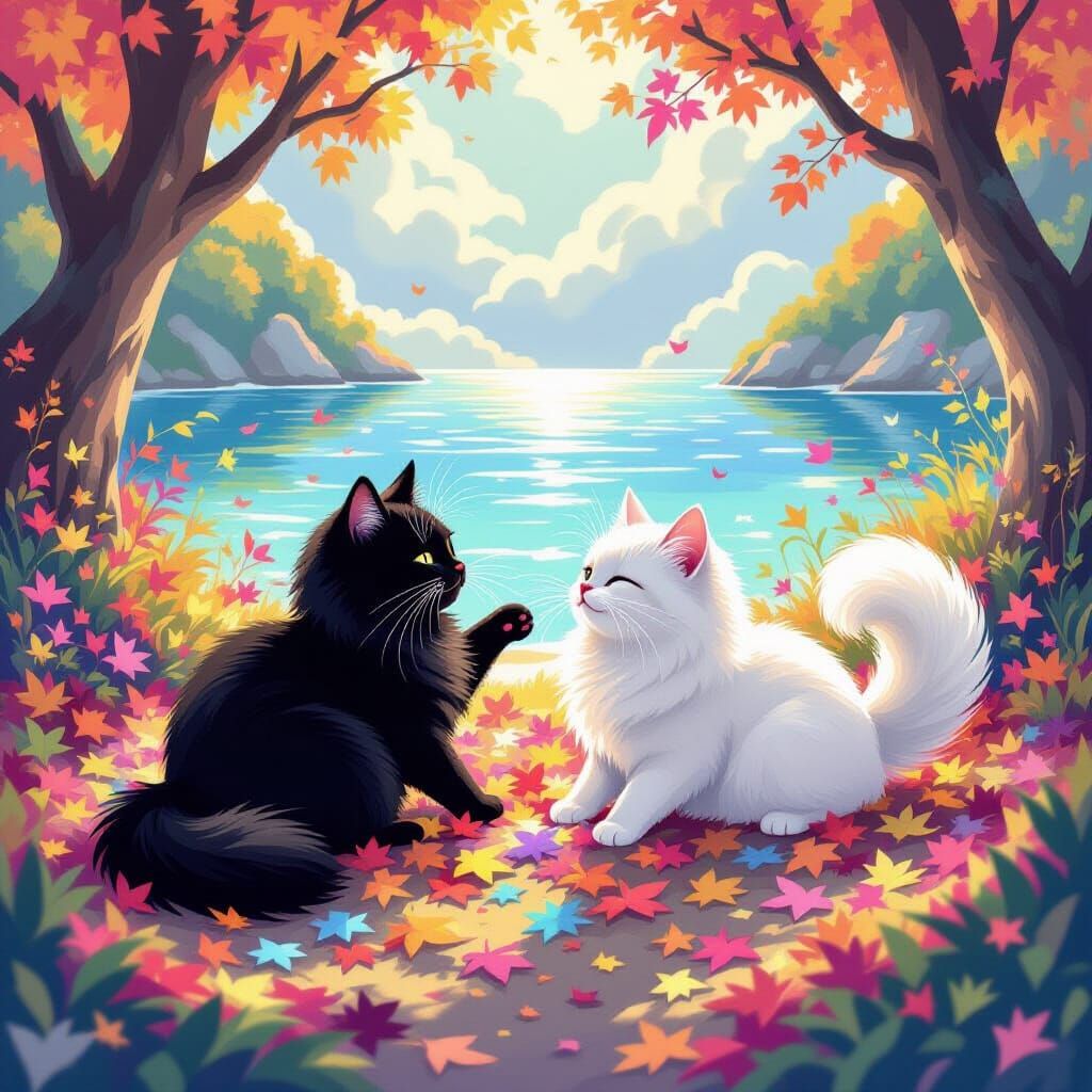 Cats Play in Rainbow Leaves on Iridescent Island