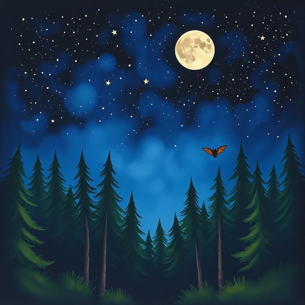 Peaceful Forest at Dark Night in Oil Colors
